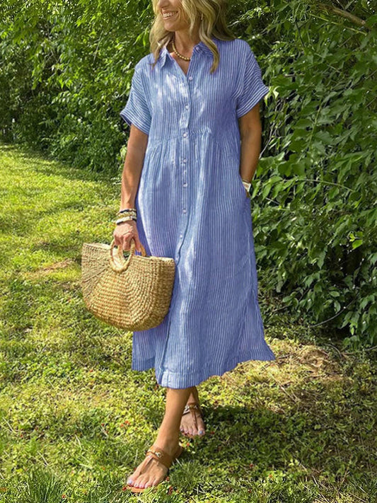 🔥LAST DAY SALE 50% OFF🔥Striped Lapel Button Down Shirt Dress | With Functional Pockets