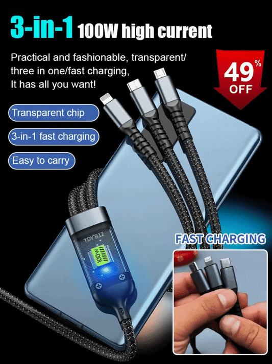 🔥Last Day 50% Off🔥 - 100W Fast Charging 3-in-1 Glow-in-the-Dark Data Cable