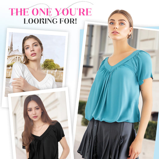 🎁Hot Sale 50% OFF⏳Women's Casual Pleated V-Neck Short-Sleeve Top