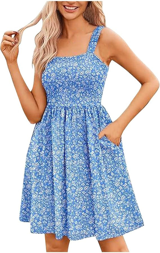 💖LAST DAY SALE 50% OFF👗Women's Summer Dresses Casual Square Neck Floral Sundress With Pockets