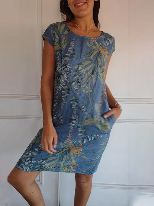 Loose Plus-Size Dress Fat Japanese Cotton And Linen Round Neck Pullover Solid Color Long Skirt Big Swing Dress