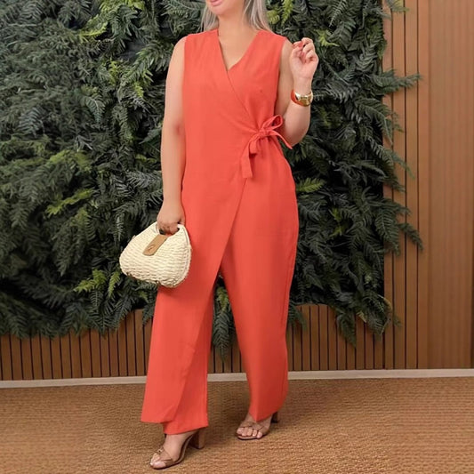 💖Limited Sale 50% OFF💖Women's Solid Colour Casual V-Neck Tied Jumpsuit