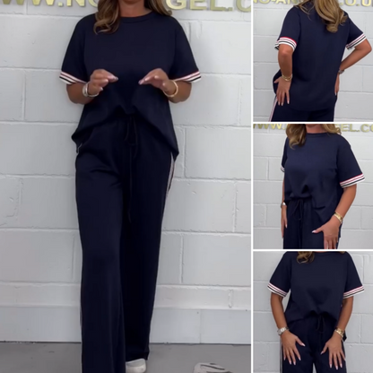 💖Mother's Day Hot Sale 50% off 🎁Side Stripe Short Sleeve T-Shirt & Wide Leg Joggers Set